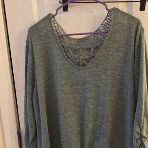 2 For $6 Or 3 For $8!! V-Neck Knit Top with Lace Back Detail - Sage Green